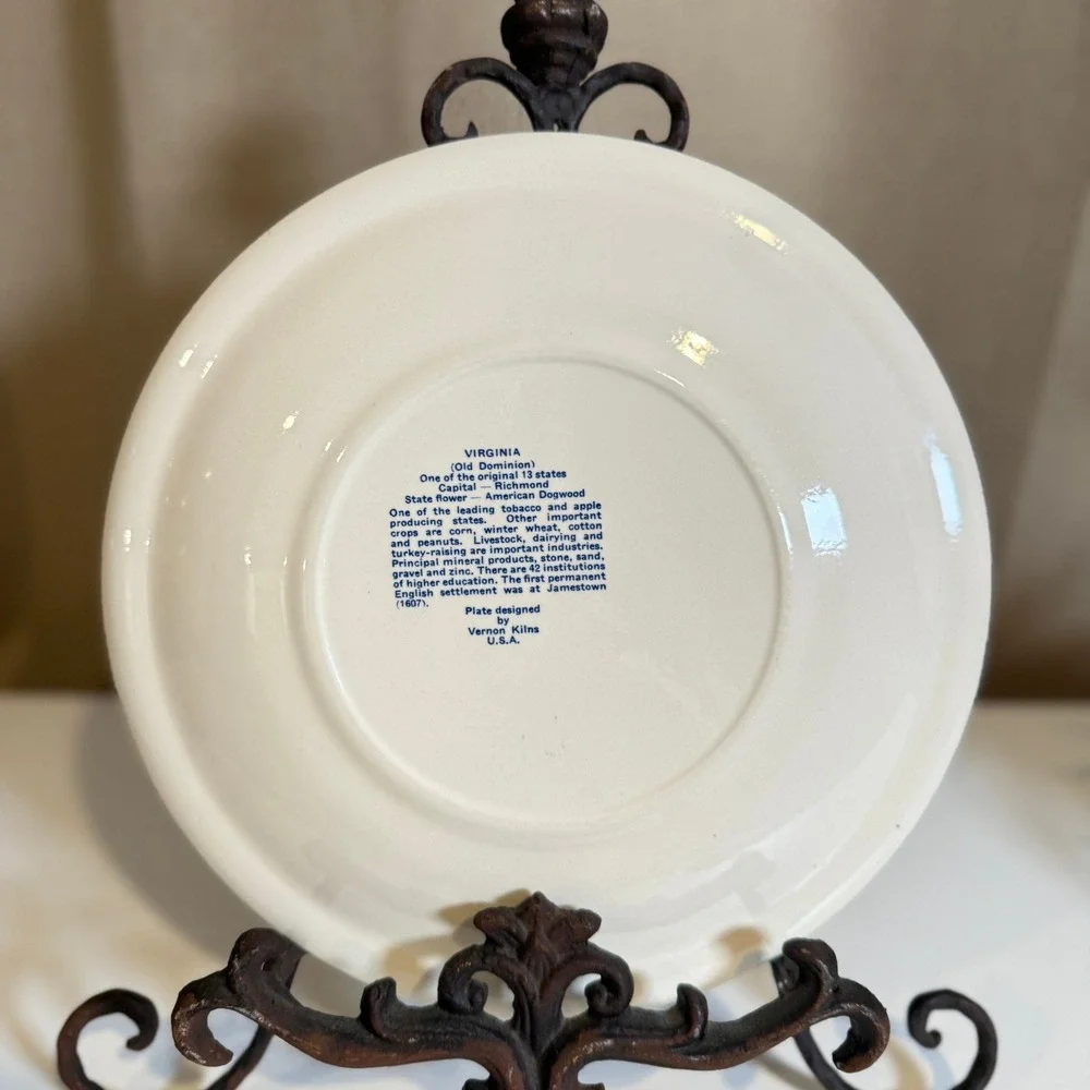 Vernon Kilns Virginia State Souvenir Plate Blue White Transferware Landmarks